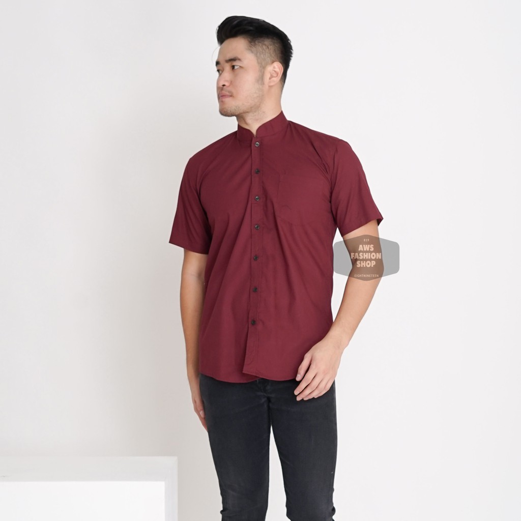 Kemeja Pria Lengan Pendek Polos Kerah Shanghai Koko Merah Maroon Cowok Casual Slimfit 3351