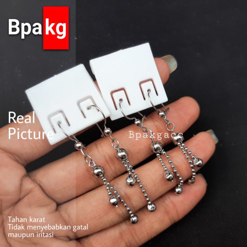 Anting monel panjang bulat bola Anting wanita anti karat besi putih asli silver murah cewek cantik-1