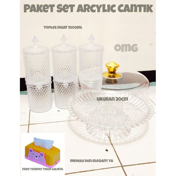 Set Paket Toples Arcylic Bening Crystal ( 6 toples + 1 tempat kue + 1 tempat tissue )