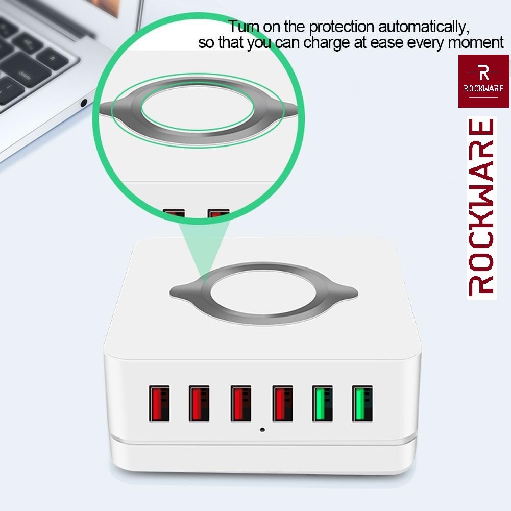 ROCKWARE E6 - 6 USB Port Charging Station and Qi Wireless Charge - 72W - Charger Multiport Up To 6