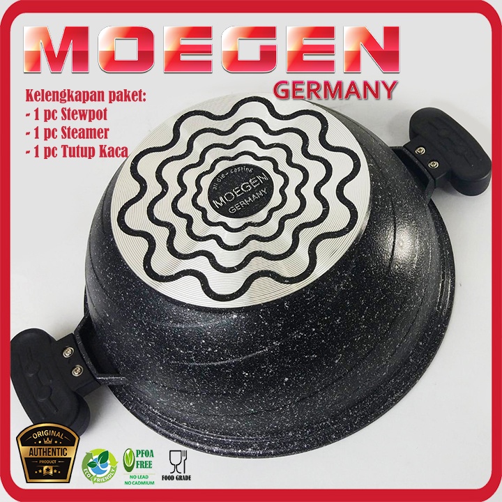 MOEGEN GERMANY STEWPOT 32CM GRANITE ORANGE ANTI LENGKET ORIGINAL PLUS STEAMER