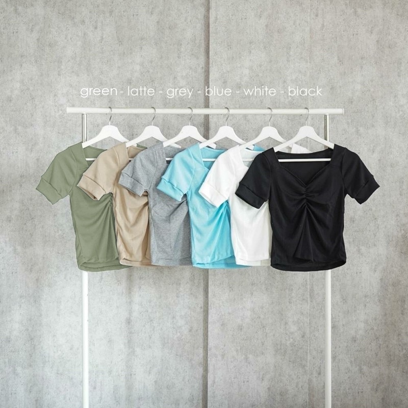 LESYA TOP BAJU ATASAN BLOUSE WANITA BAHAN RIB RAJUT KNIT LENGAN PENDEK V NECK VNECK V-NECK POLOS GREEN LATTE GREY WHITE BLACK FUCHSIA BROWN ARMY BRICK TERRACOTA BATA LAVENDER PURPLE PINK LIGHT GREEN TEA PASTEL GREEN DARK BLUE-6