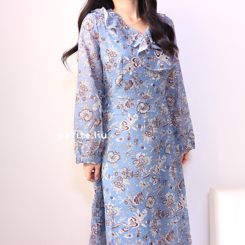 Woori Dress Maxi Long Floral Chiffon Sifon Dress Korean Style Casual Party Kondangan Lengan Panjang