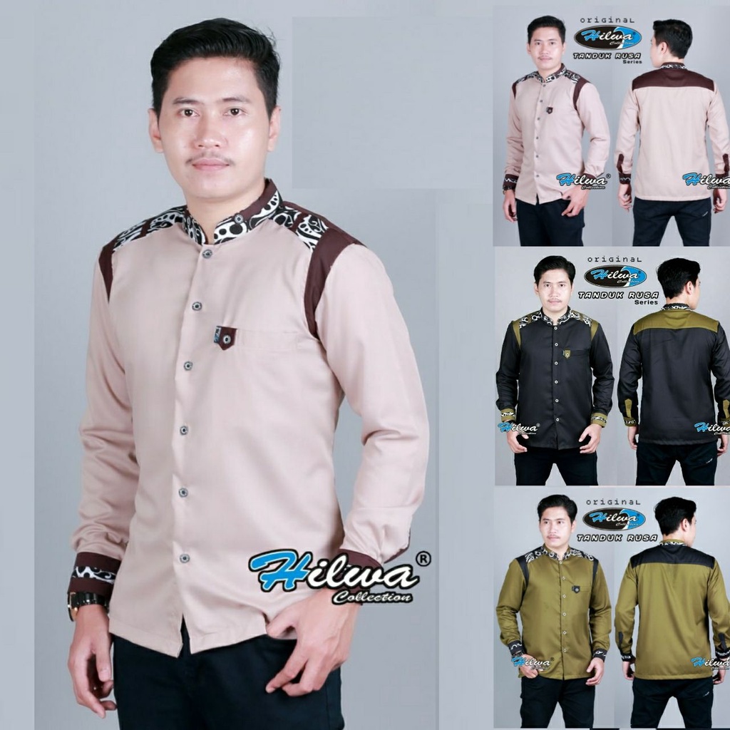 Baju Pria Lengan Panjang Kemeja Slim Fit Warna Hitam Putih Army Batik S M L XL XXL HILWA COLLECTION 