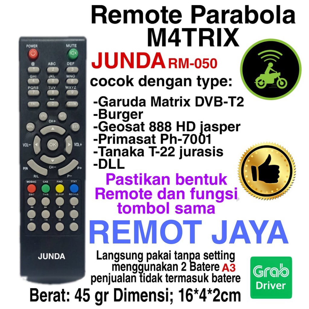 REMOTE RECEIVER PARABOLA MATRIX BURGER GEOSAT PRIMASAT TANAKA T-22 JURASIS JUNDA RM-050