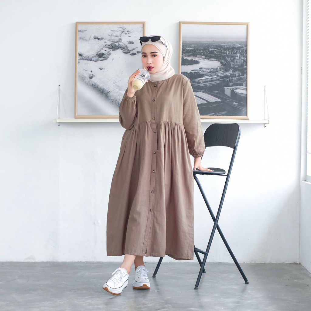 Best Seller - Meca Midi Dress Bahan Katun Linen Rami Premium / Gamis Wanita Terbaru 2022 Kekinian / 