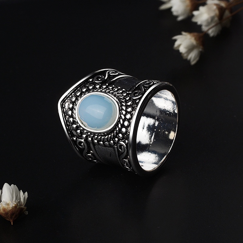 Cincin Lebar Seri Wanita 925 Perak Vintage Moonstone