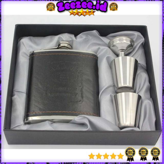 Botol Hip Flask Stainless Steel Leather dengan Shot Glass 7Oz