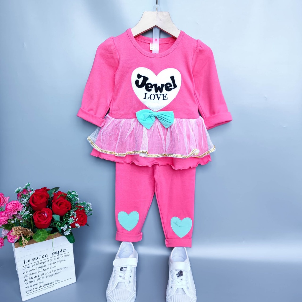 Promo !! Setelan baju anak perempuan cute / setelan jewel love naomi import ukuran 9bulan-3tahun