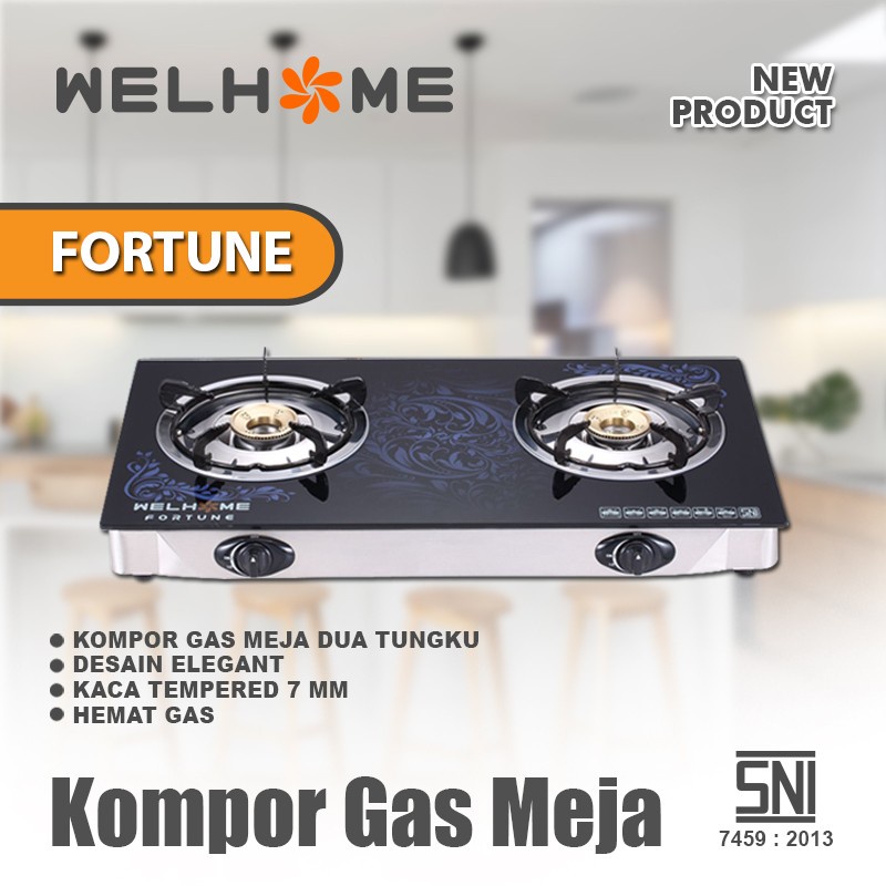 Kompor Gas Kaca 2 Tungku Welhome Motif Baik Kaca Tebal (fortune)