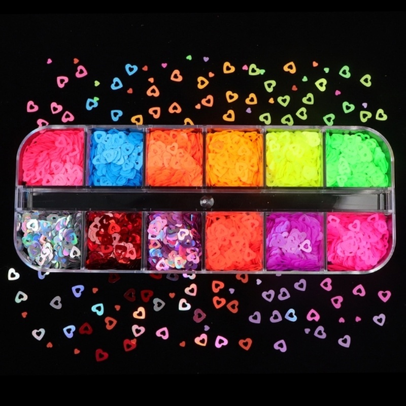 12 Grids Fluorescence Hollow Heart Neon Star Shapes Nail Art Glitter Flakes 3D Colourful Sequins Polish Manicure Nail Decoration