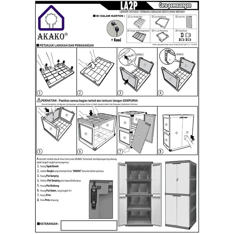 LEMARI PLASTIK AKAKO LA2P R03 LEMARI PAKAIAN ROTAN FULL KUNCI 4 SUSUN LEMARI ELEGANT 2 PINTU