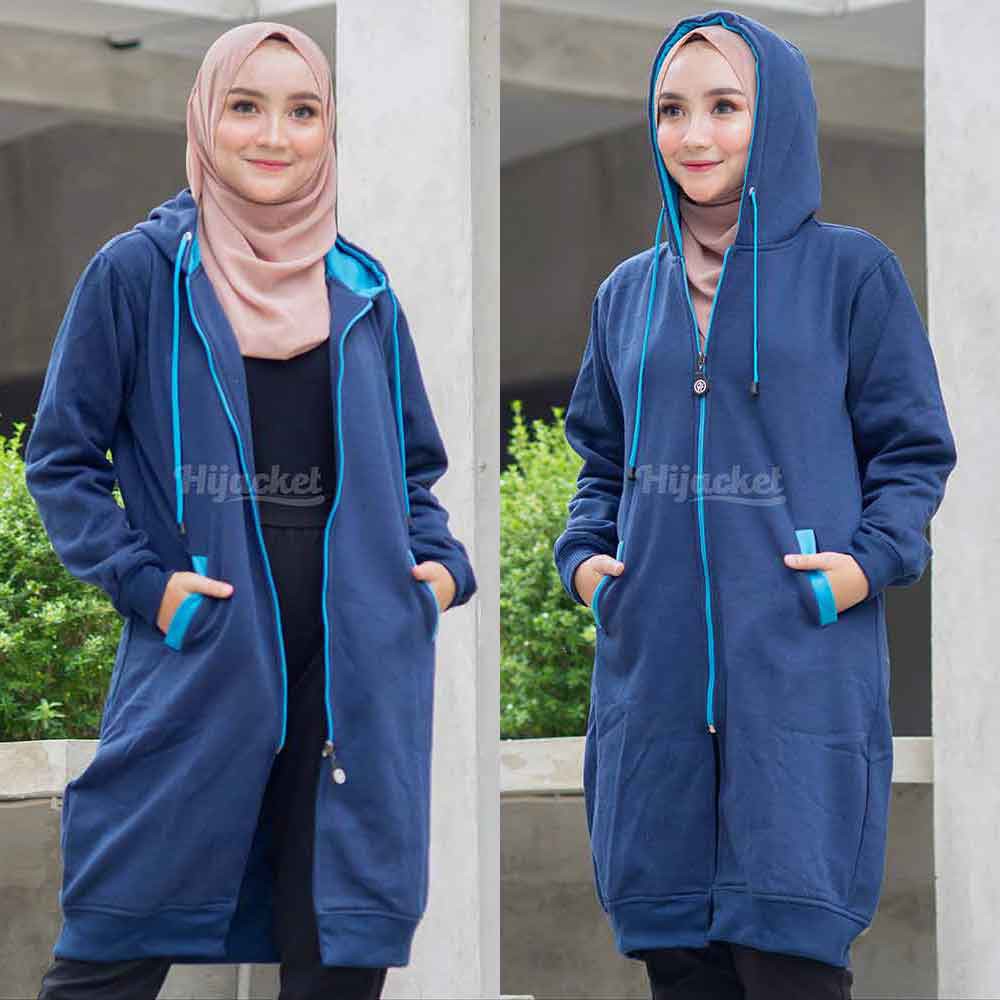 Jaket Jacket Polos Hoodie Panjang Wanita Cewek Cwe Muslimah Hijabers Kekinian Biru Navy Hijacket BC-3
