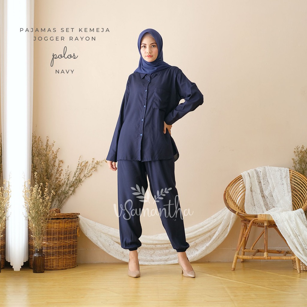 Pajamas Set Kemeja Jogger Rayon Polos