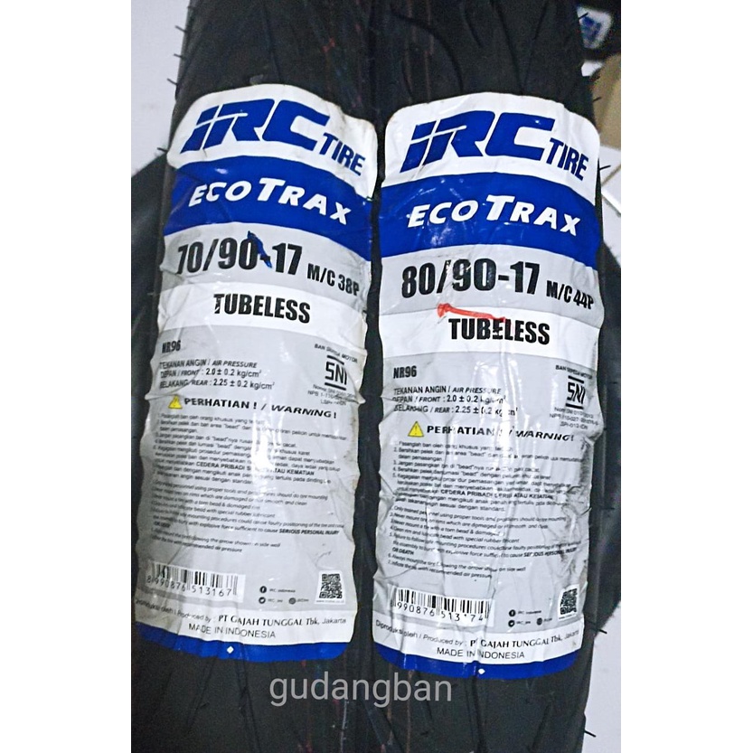 Paket IRC Ecotrax NR96 70 90 17 dan 80 90 17 Tubeless Ban Motor Matic