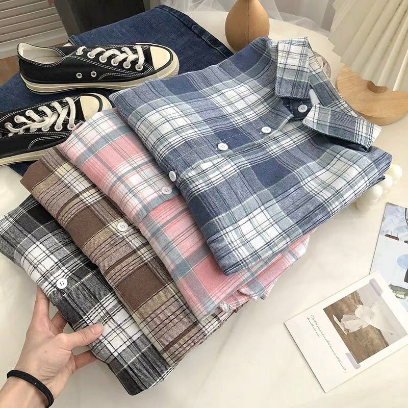 Flanel Wanita Lengan Panjang Kemeja Kotak Kotak