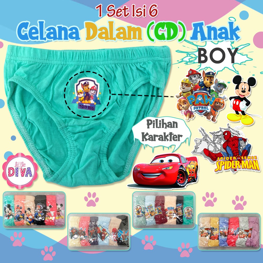 Celana Dalam Bayi 3 9 12 bulan Laki-Laki 1 SET isi 6 CD Boy 3-14M Segitiga Karakter Lucu bahan Katun