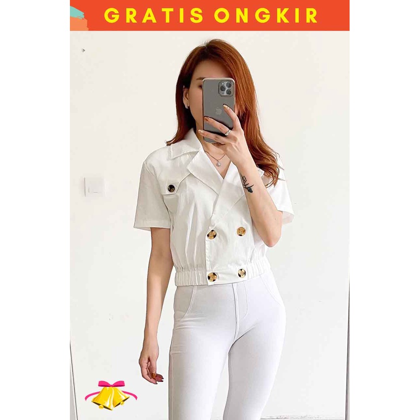 COTTONBELLS ATASAN CASUAL WANITA QILLA BUTTON PLAID V CROP TOP (AL - B 12511)-6