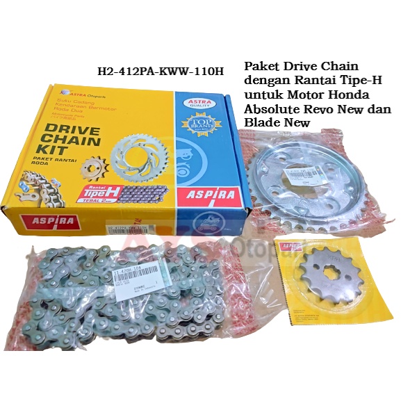 GEAR SET ASPIRA dg Rantai Tipe-H H2-412PA-KWW-110H untuk Motor Honda Absolute Revo New dan Blade New