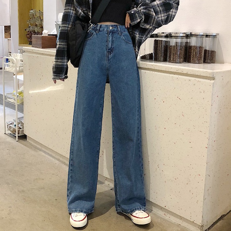 New Korean retro high-waist loose jeans straight-legged wide-legged celana panjang Wanita