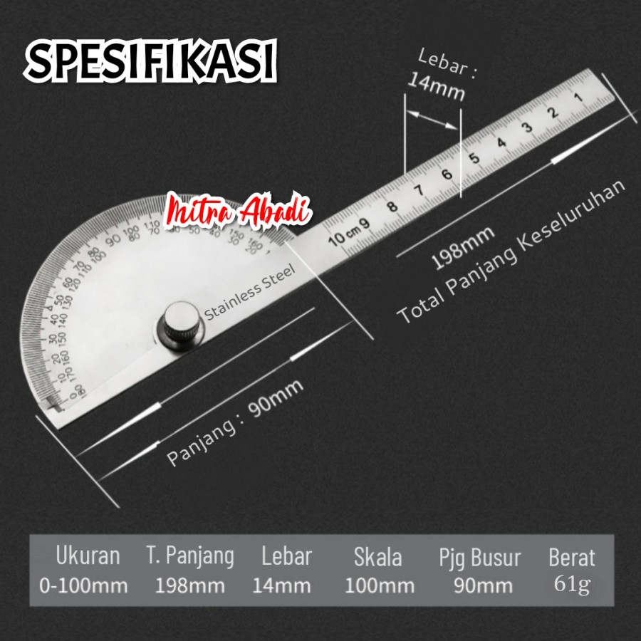 Penggaris Busur 180°/ Stainless Steel Protractor Angle Ruler