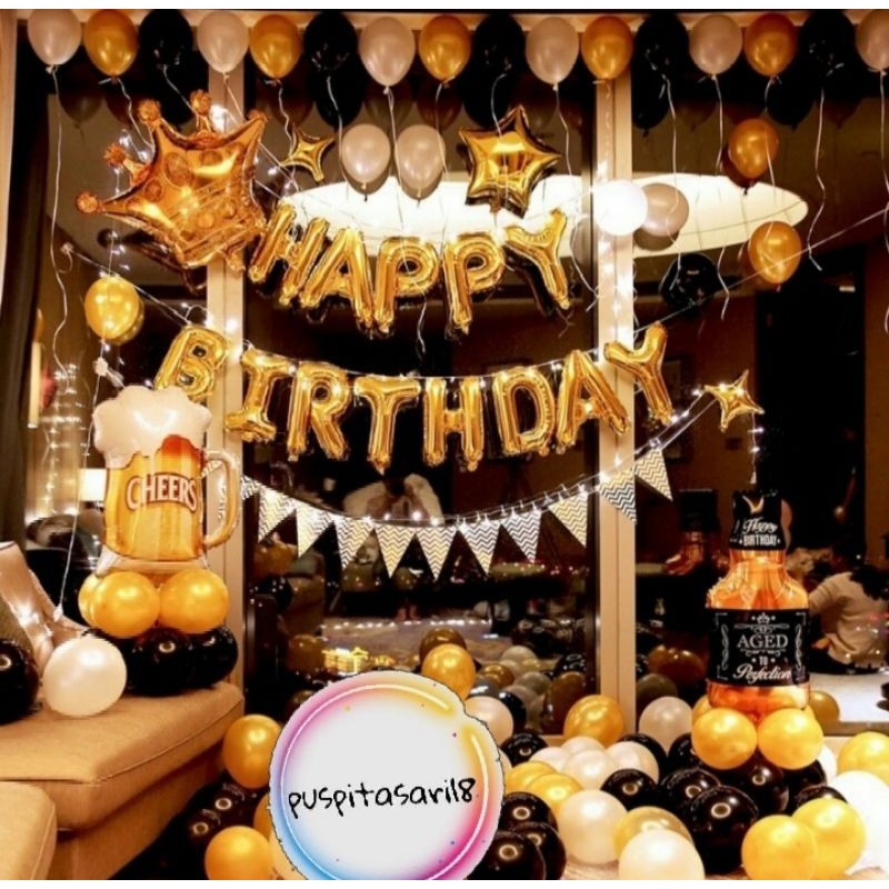 paket balon dekorasi ulang tahun thema dewasa gold hitam mewah