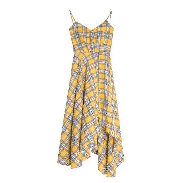 GINGHAM YELLOW ASSIMETRIS DRESS