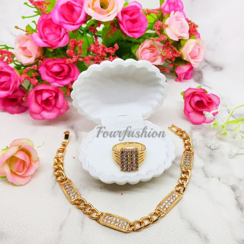 Fourfashion Gelang+Cincin Permata Kotak Kekinian TH016