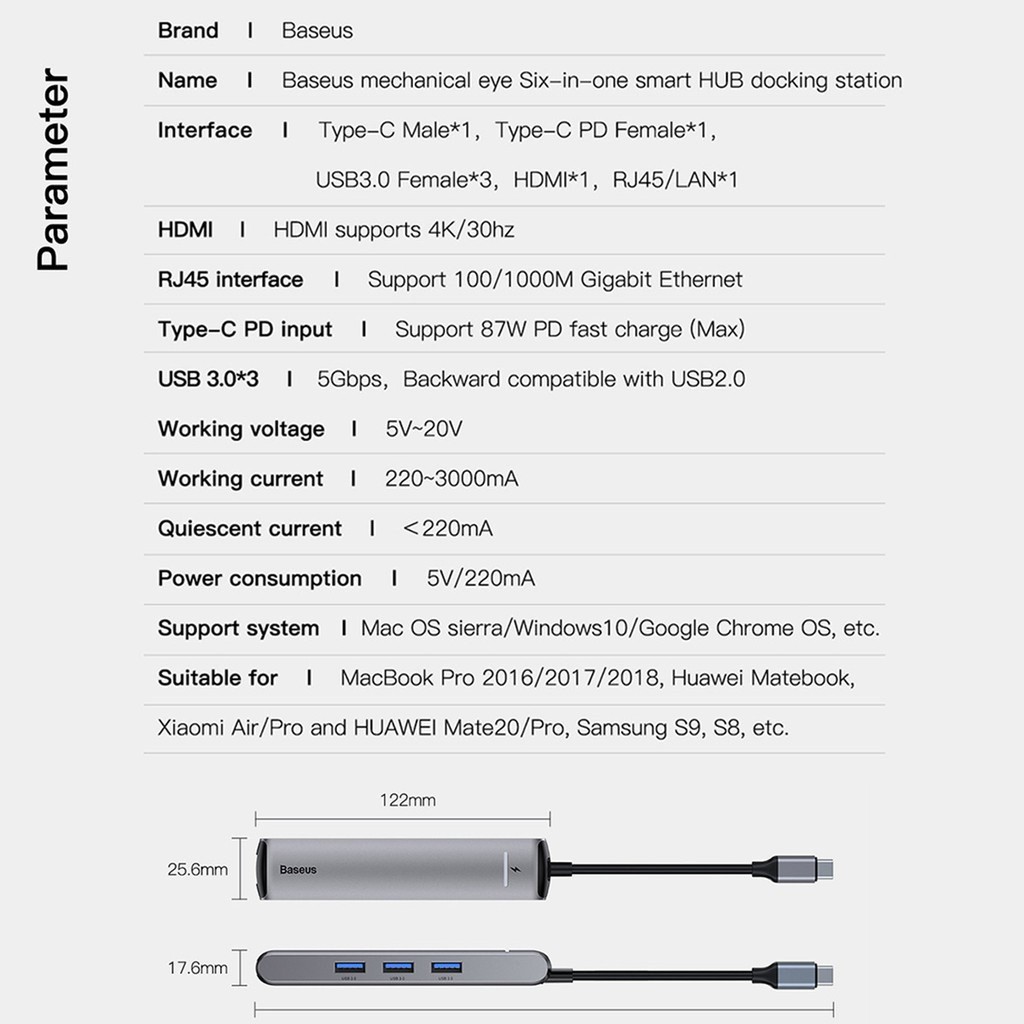 BASEUS ORIGINAL Mechanical Eye 6 in 1 HUB Type C USB Docking Station Adapter Adaptor Laptop Macbook