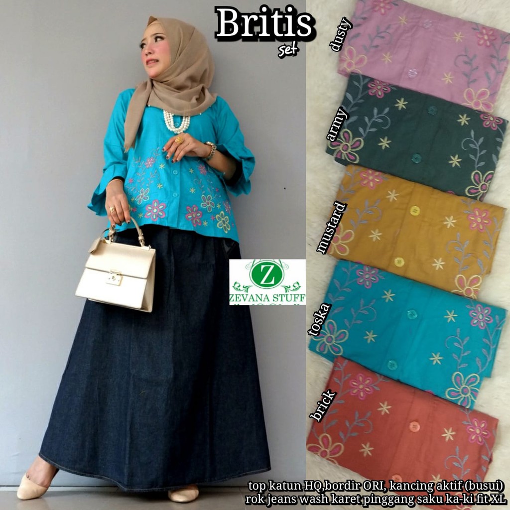 BRITIS SET MATT TOP KATUN HQ BORDIR ORI MATT ROK JEANS WASH HQ BY ZEVANA STUFF