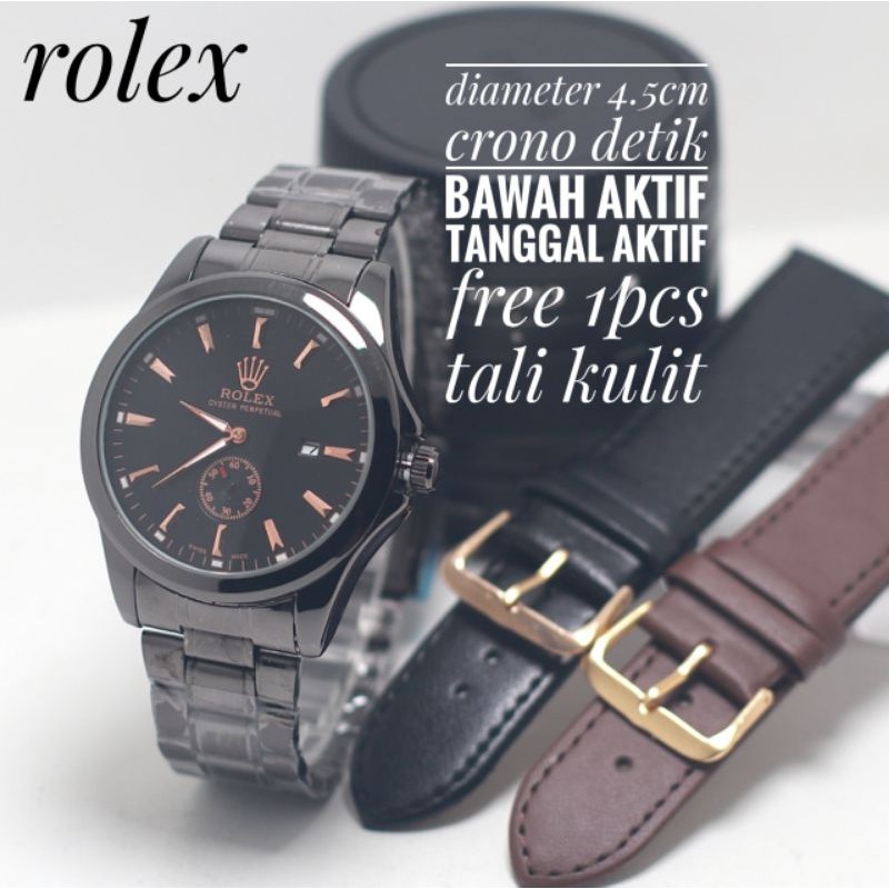 Ready jam Rolex chrono aktif pria model tali kulit full hitam