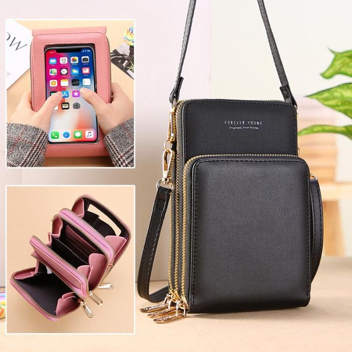 Tas Selempang Wanita Kulit Transparan Touch screen Tas Hp Transparan - Black