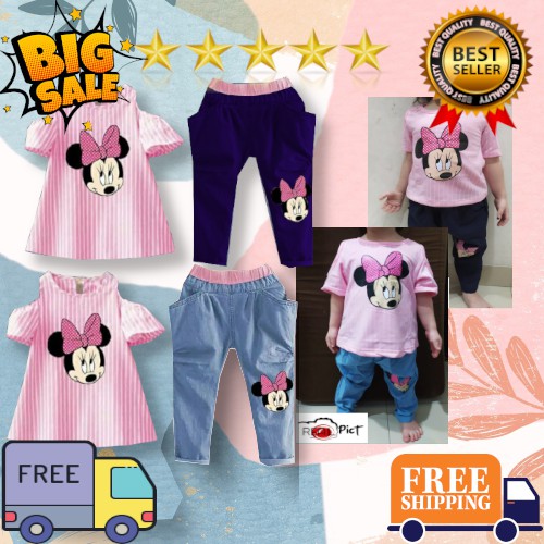 Vision online-stripy minnie pinky/baju dan setelan celana denim anak perempuan 1-4 thn panjang bagus