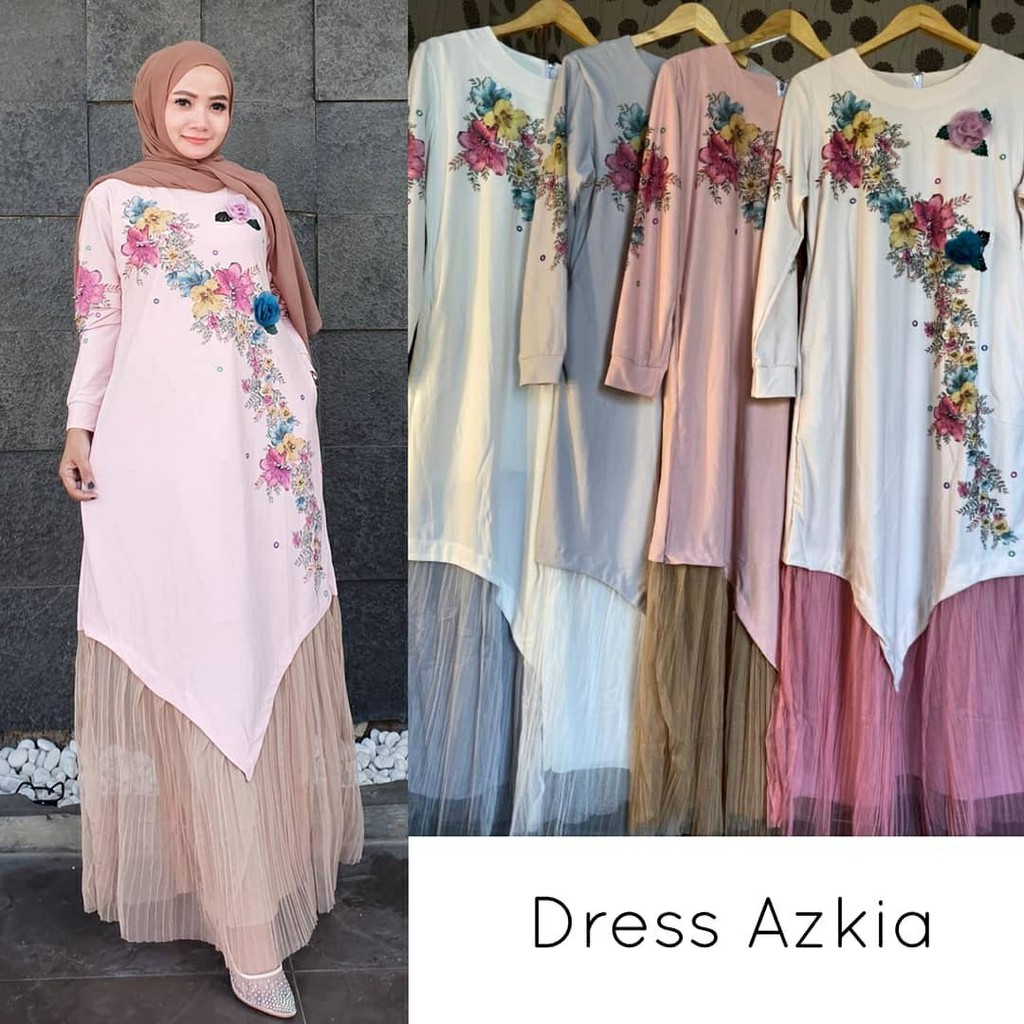 Dress Azkia, GAMIS MUSLIM CANTIK BAHAN KAOS JERUK PRINTING MIX TILE LD 104-120 TERMURAH