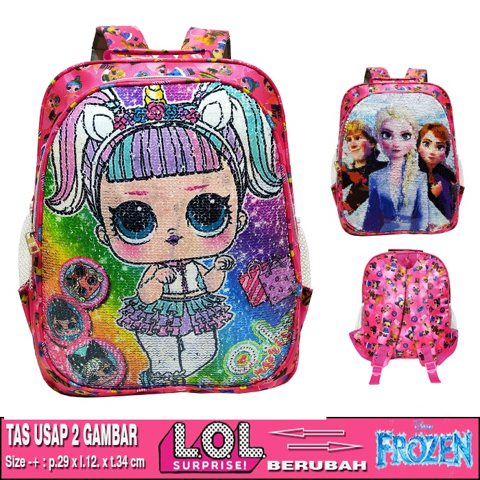 APPA Tas Ransel Anak Prempuan Sekolah TK/SD Sequin Usap 2 Gambar Berubah Karakter LOL- FROZEN