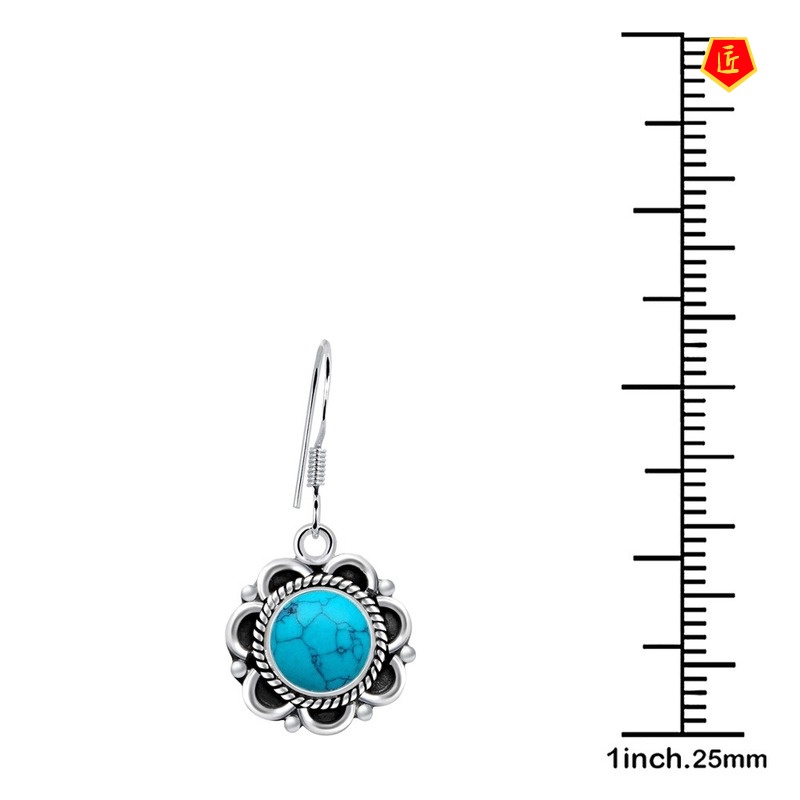 [Ready Stock]Creative Flower Inlaid Turquoise Earrings Retro S925 Silver