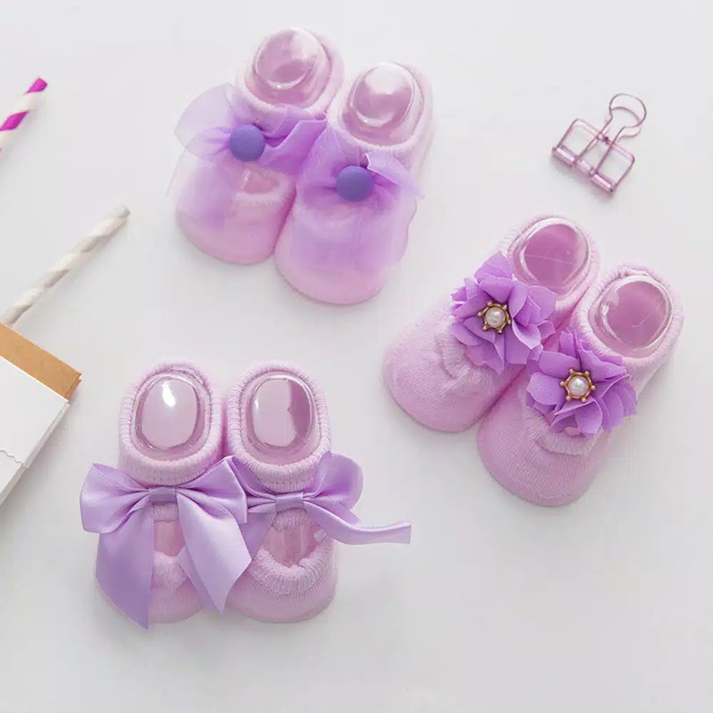 3 pasang kaos kaki bayi model pita 3in1 balerina sock baby import 0-1 tahun