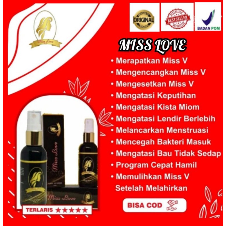 PROMO COD - Miss Love Spray Obat 100% Herbal Manjakani Kembali Perawan Perapat Perawatan Pengharum Penghilang Keputihan Gatal dan Bau Miss V Kewanitaan BPOM / Promil / Kista / Myom / Miom - AMAN Sudah BPOM - PRIVASI AMAN