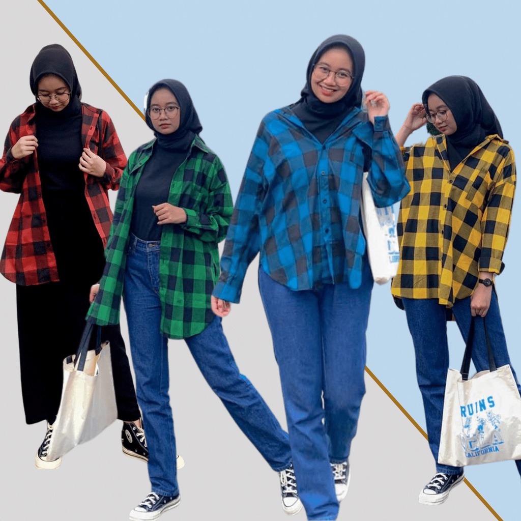 Atqia_Mart - Kemeja Wanita Kotak Oversized Atasan Blouse Casual Warna Atasan Wanita Kotak Tartan Ove