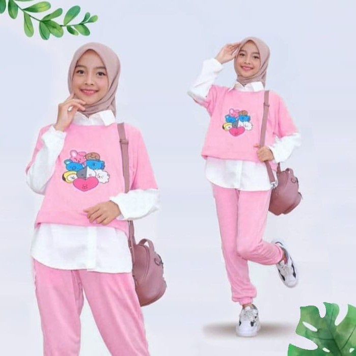 Setelan Baju Anak Perempuan Usia 9 10 11 12 13 Tahun-Sweater Kaos Anak Cewek Mewah One Set Murah