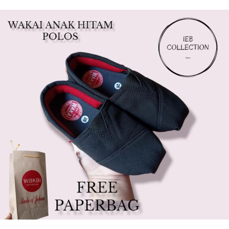 sepatu anak wakai slip on hitam unisex size 25-35 free paperbag