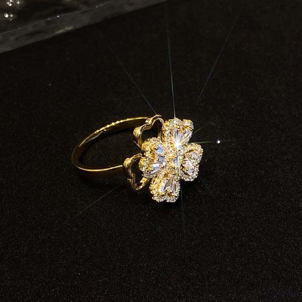 [Elegan] Berputar Zirkon Cincin Kepribadian Teman Hadiah Perhiasan Pesta Romantis Warna Emas Kincir Mewah Berlian Imitasi Wanita Jari Rings