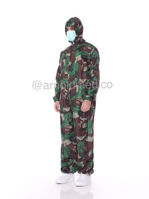 Baju APD Hazmat Parasut Waterproof / Anti Air / Anti Droplets Hijau Loreng TNI