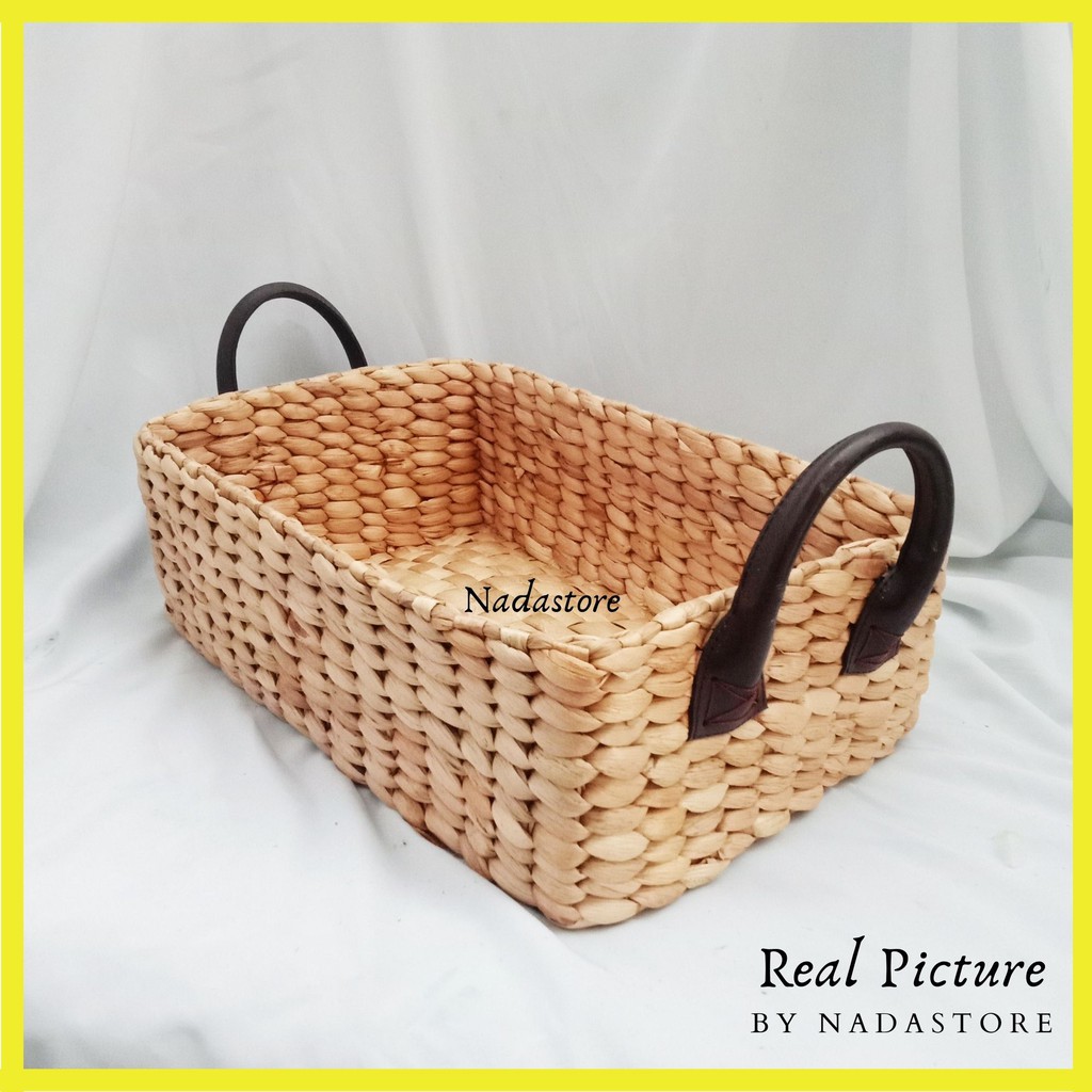 Premium Nampan Baki Kotak Tray Anyaman Handle Kulit Size 37 x 25 x 12 cm New Arrival