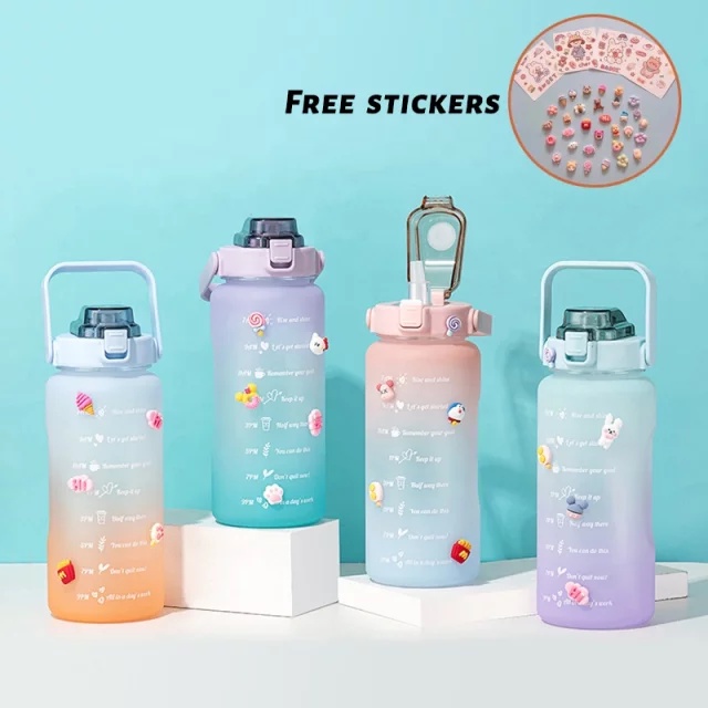 Botol Minum 2 Liter Botol Minum Viral Pelangi 2 L Botol Minum Korea Besar Motivasi 2000 ML Anti Bocor Free Sticker