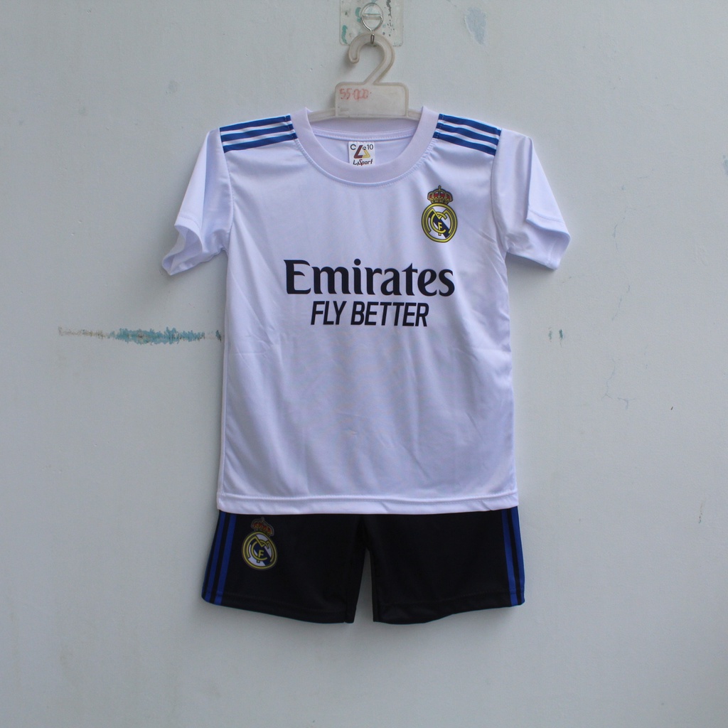 JERSEY SETELAN BAJU BOLA MADRIDPUTIH HOME  KIDS PRINTING 2022/2023