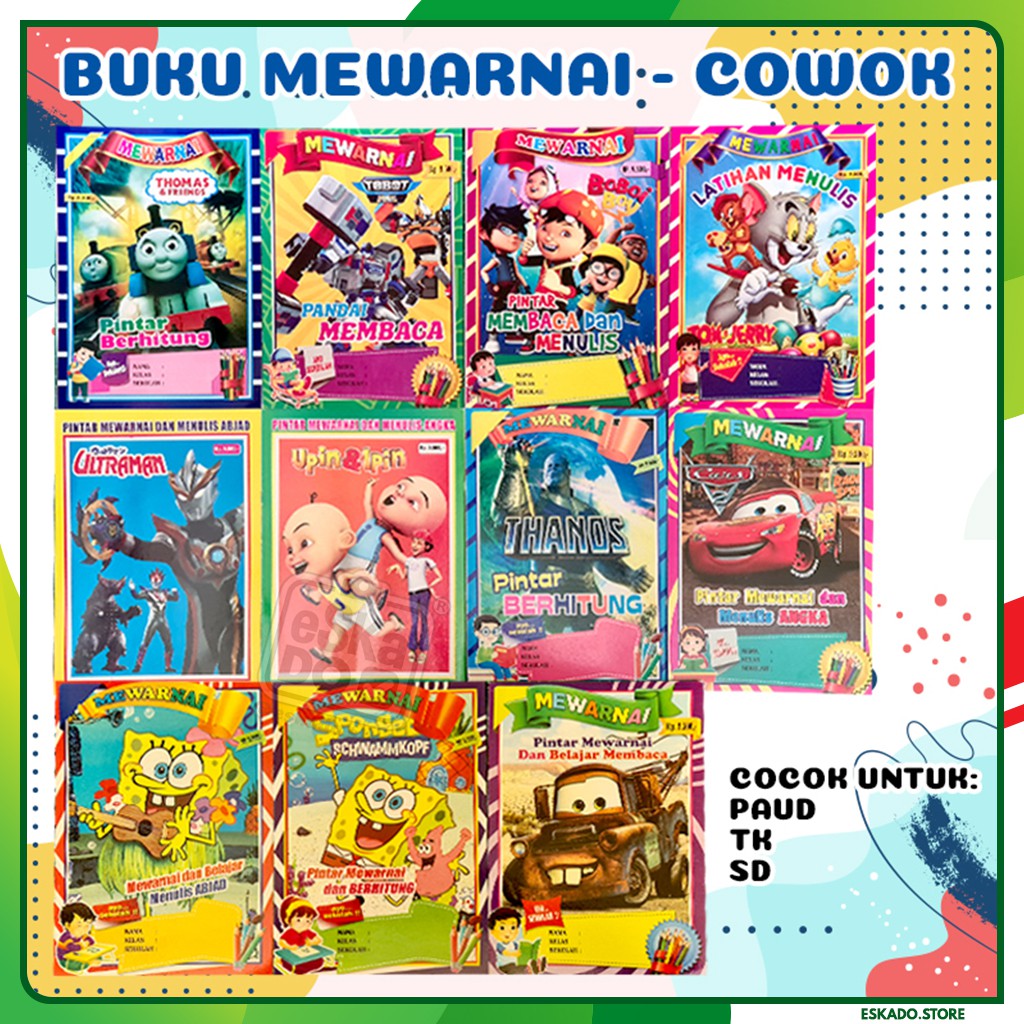 Buku Mewarnai Anak PAUD TK SD Belajar Menulis Membaca Berhitung Aneka Karakter Cowok dan Cewek