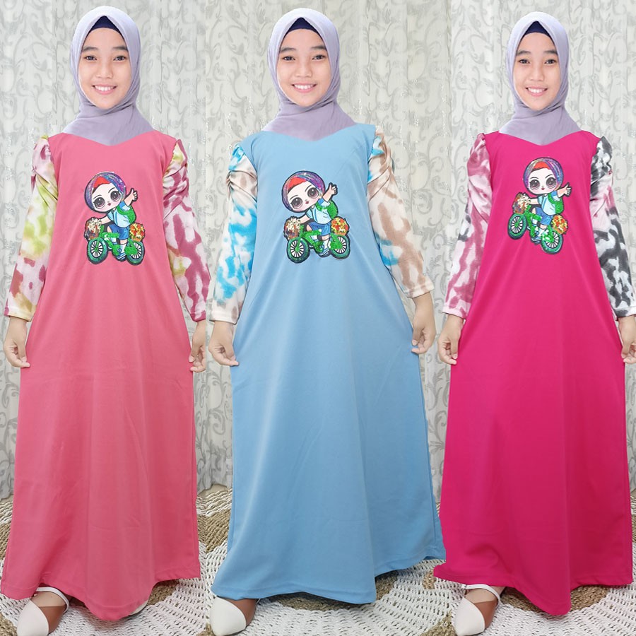 DRESS ANAK LENGAN KERUT TIE DYE GAMIS GAMBAR ANAK SEPEDAAN CARLINA