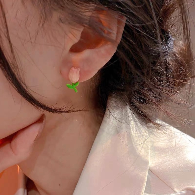 YEEZII Anting Stud Bentuk Daun Tulip Warna Pink Untuk Wanita