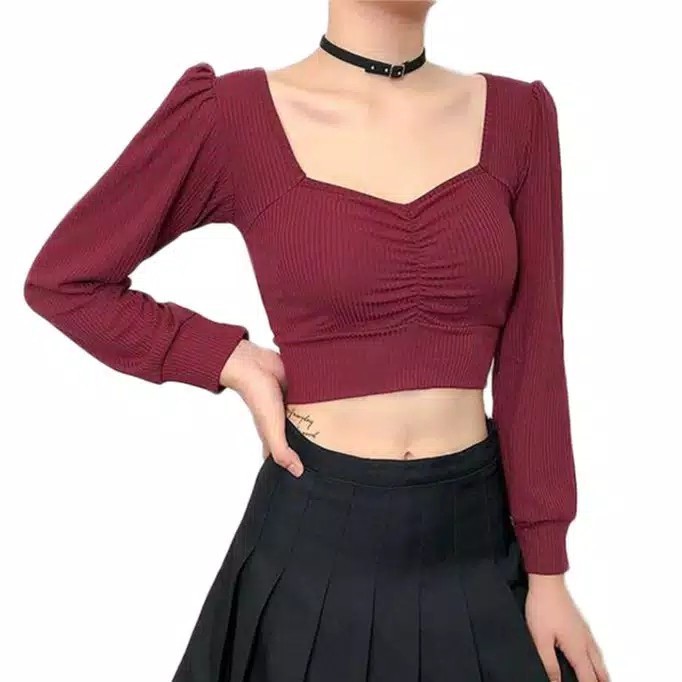 TBI Kekinian Crop Top Jenni Lengan Panjang Kerut Baju Wanita Gaya Korea Blackpink